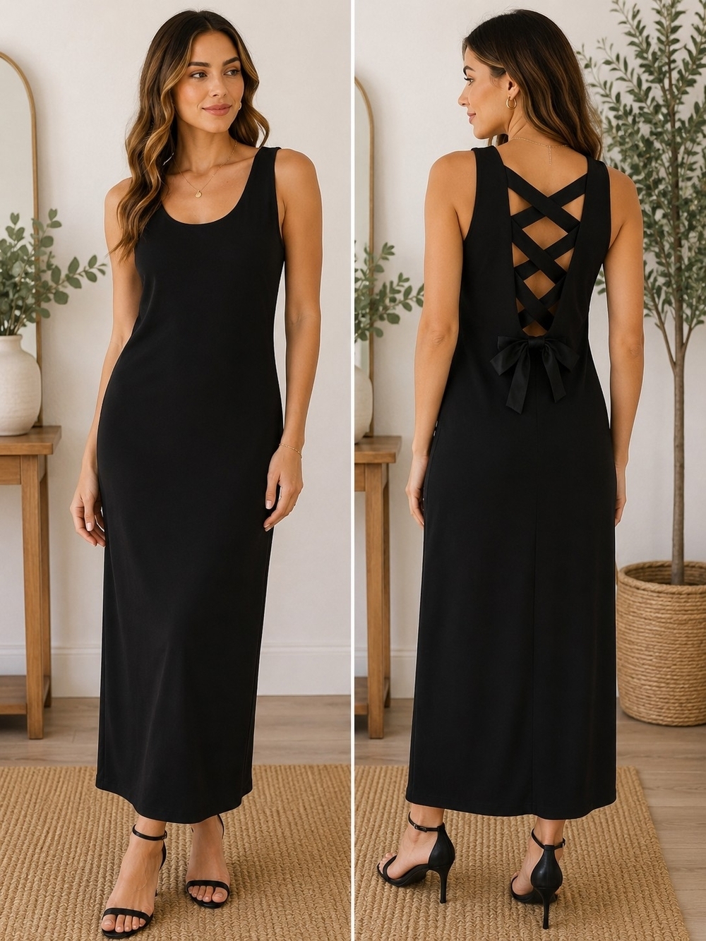 Laundry By Shelli Segal Black Sleeveless Maxi Dress with Crisscross Back